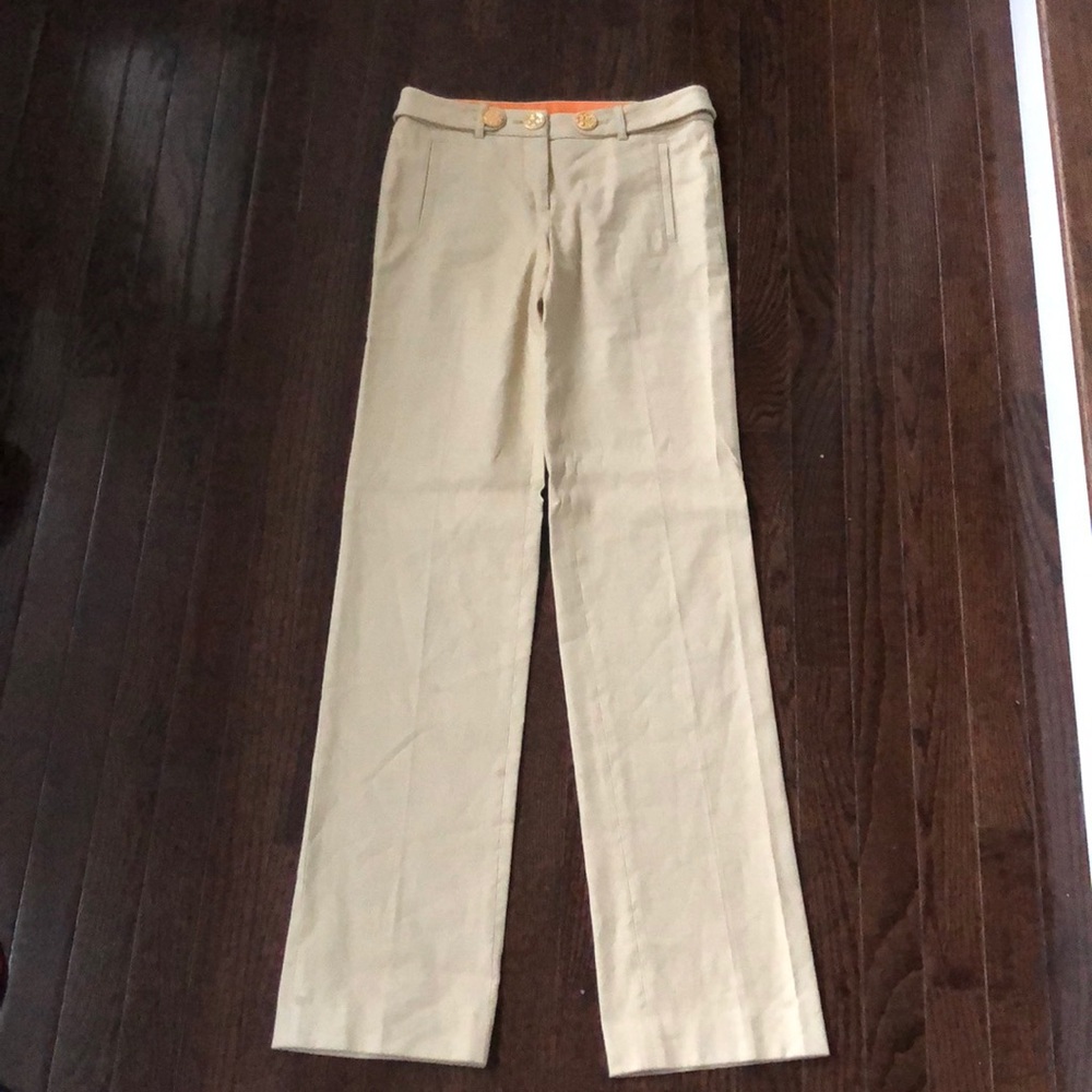Tory Burch linen khaki pants with gold buttons